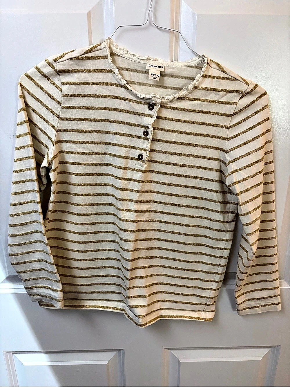 Crewcuts Striped Long Sleeve Top in White & Gold Size XL (12-14) Like New